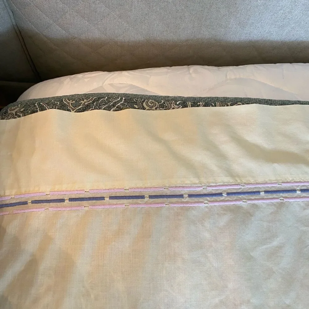Embroidered Wamsutta vintage Cream flat Sheet with Lavender and Light Blue Trim